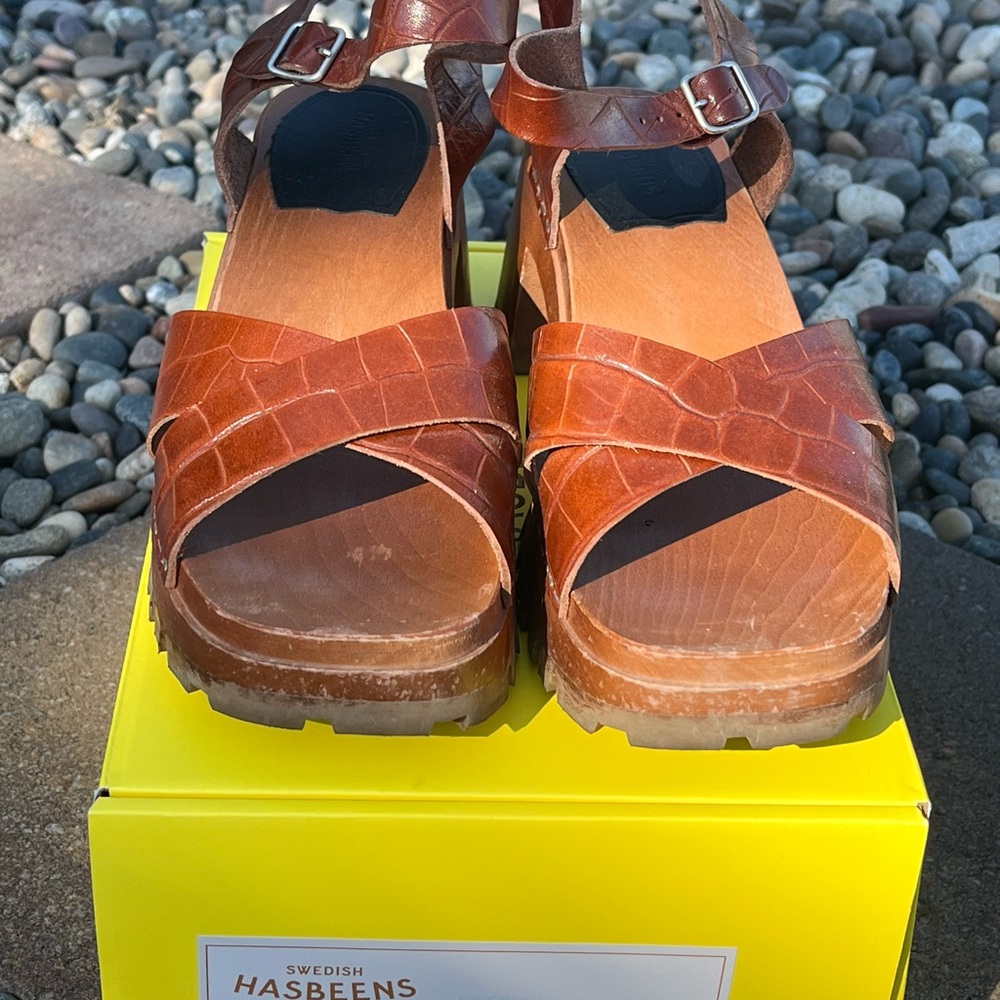 Swedish Hasbeens Cognac Leather Platform Sandals
